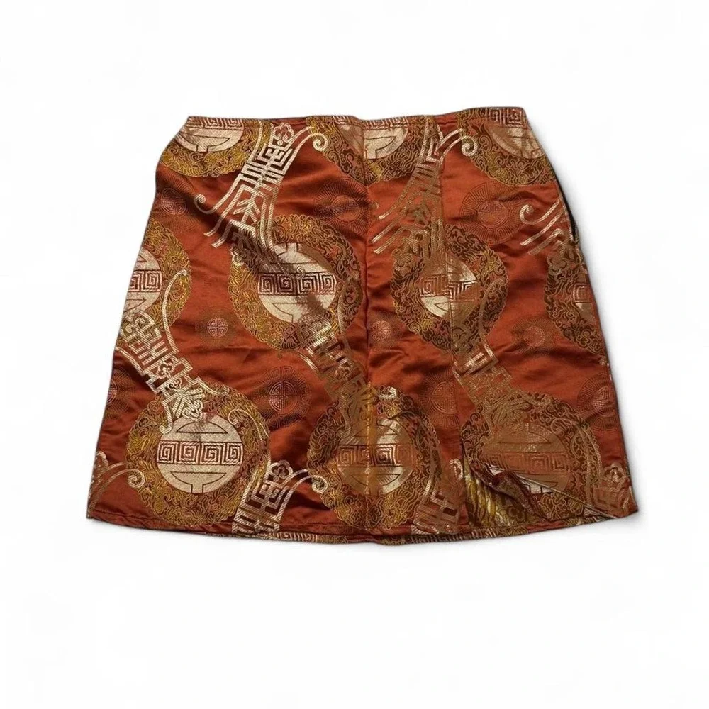 Vintage Y2K Whimsigoth Metallic Rust Bronze Gold Brocade Tapestry Mini Skir